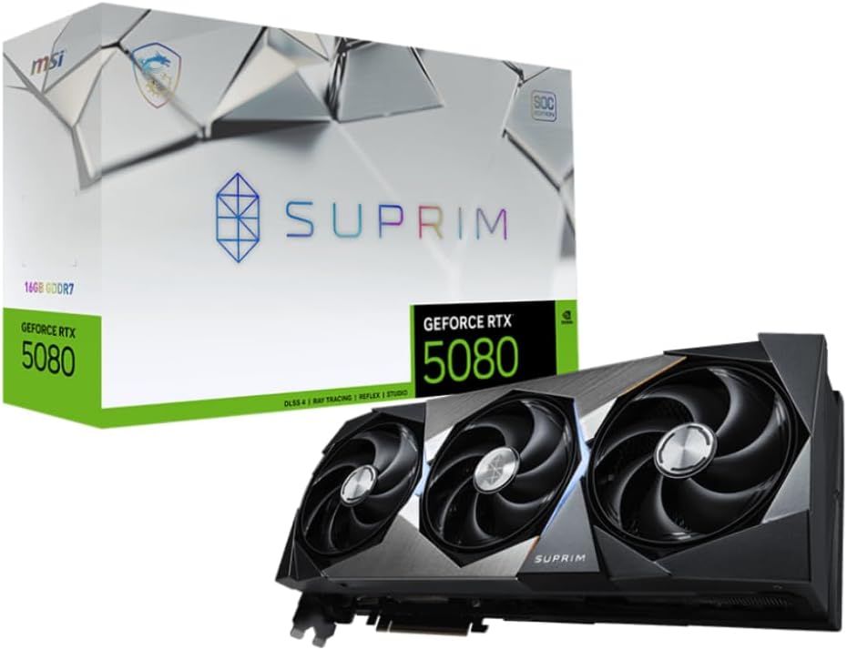 MSI GeForce RTX 5080 16G SUPRIM SOC — 16GB GDDR7 (30Gbps/256-bit), PCIe 5, Boost: 2745 MHz, HDMI 2.1b, DisplayPort 2.1b