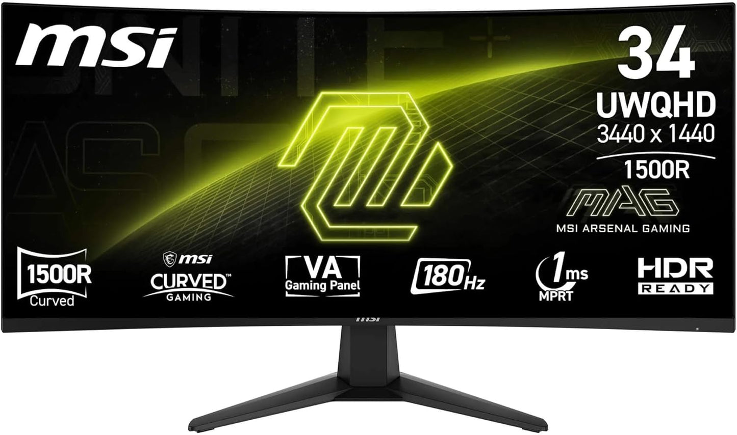 MSI MAG 346CQ 34-Zoll UWQHD Curved Gaming Monitor, 3440 x 1440, 1500R, VA, 180Hz, 1ms, HDR Ready, Eye Care, HDMI 2.0b, DP 1.4a, Frame-Less Design, Neigbar, Vesa kombatibel, Schwarz