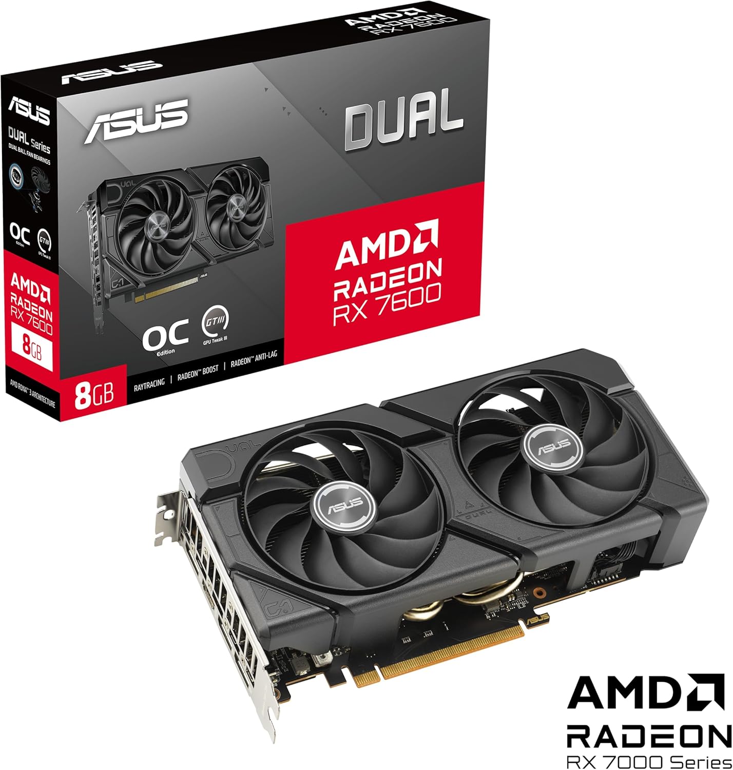 ASUS Dual Radeon RX 7600 EVO OC Edition 8GB GDDR6 Gaming Grafikkarte (AMD Radeon RX7600, PCIe 4.0, 1x HDMI 2.1, 3X DisplayPort 1.4a, DUAL-RX7600-O8G-EVO)