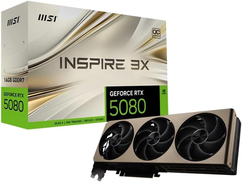 MSI GeForce RTX 5080 16G Inspire 3X OC — 16GB GDDR7 (30Gbps/256-bit), PCIe 5, Boost: 2640 MHz, HDMI 2.1b, DisplayPort 2.1b, DLSS 4
