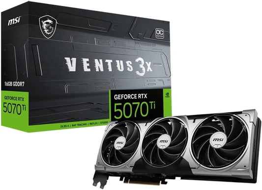 MSI GeForce RTX 5070 Ti 16G Ventus 3X OC — 16GB GDDR7 (28Gbps/256-bit), PCIe 5, Boost: 2482 MHz, HDMI 2.1b, DisplayPort 2.1b