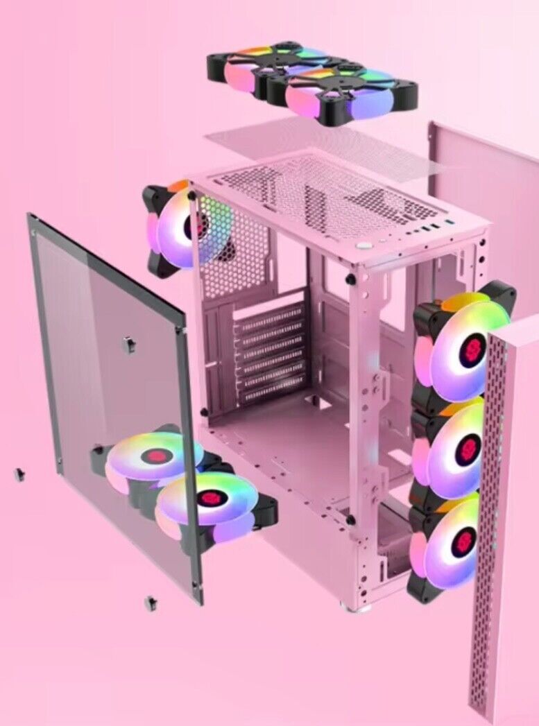 PC Gehäuse E216 Pink mit Seitenglas Gaming Gehäuse für PC Bau und Modding SYNC