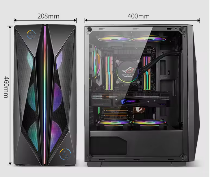 PC Gehäuse Z215 Schwarz mit Vertikal Seitenglas Gaming Gehäuse für PC Bau SYNC