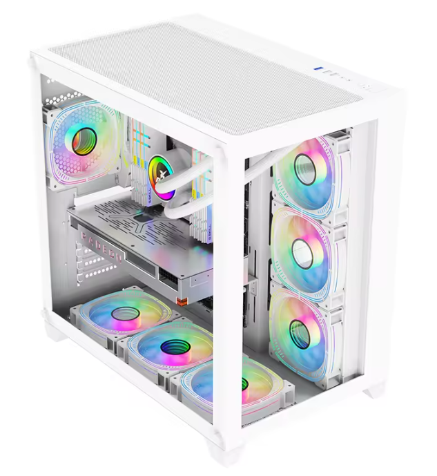 PC Gehäuse Z214 Pro Weiß mit Vertikal Seitenglas Gaming Gehäuse für PC Bau SYNC