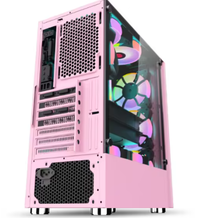PC Gehäuse E216 Pink mit Seitenglas Gaming Gehäuse für PC Bau und Modding SYNC