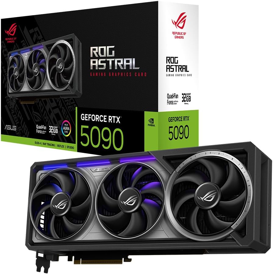 ASUS ROG Astral GeForce RTX 5090 32GB GDDR7 Gaming Grafikkarte (Nvidia GeForce RTX5090, Vier Lüfter, 3.8-Slot-Design, PCIe 5.0, 2X HDMI 2.1b, 3X DisplayPort 2.1a, ROG-ASTRAL-RTX5090-32G-GAMING)
