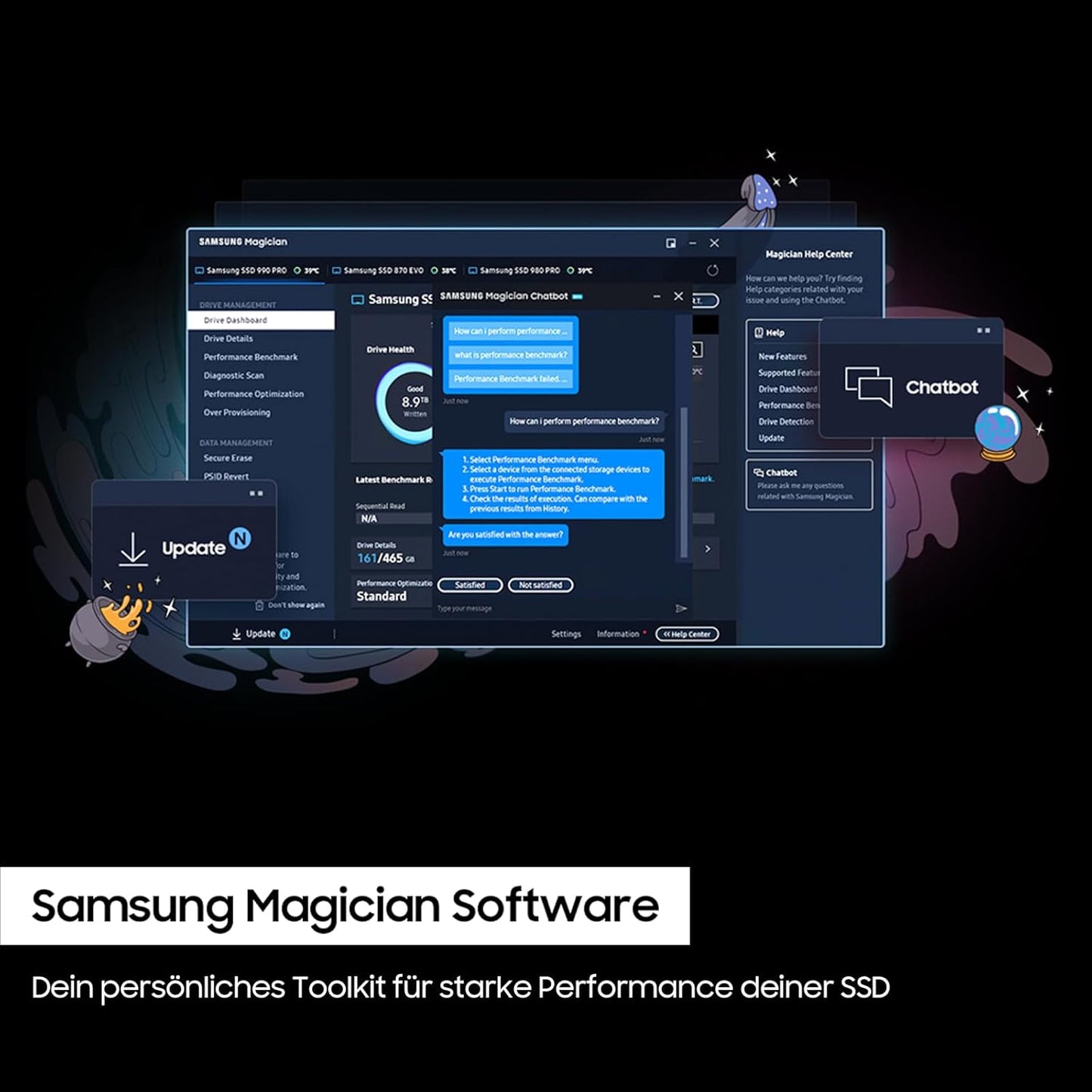 Samsung 990 PRO NVMe M.2 SSD , 1 TB, PCIe 4.0, 7.450 MB/s Lesen, 6.900 MB/s Schreiben, Interne SSD für Gaming und Videobearbeitung, Schwarz, MZ-V9P1T0BW