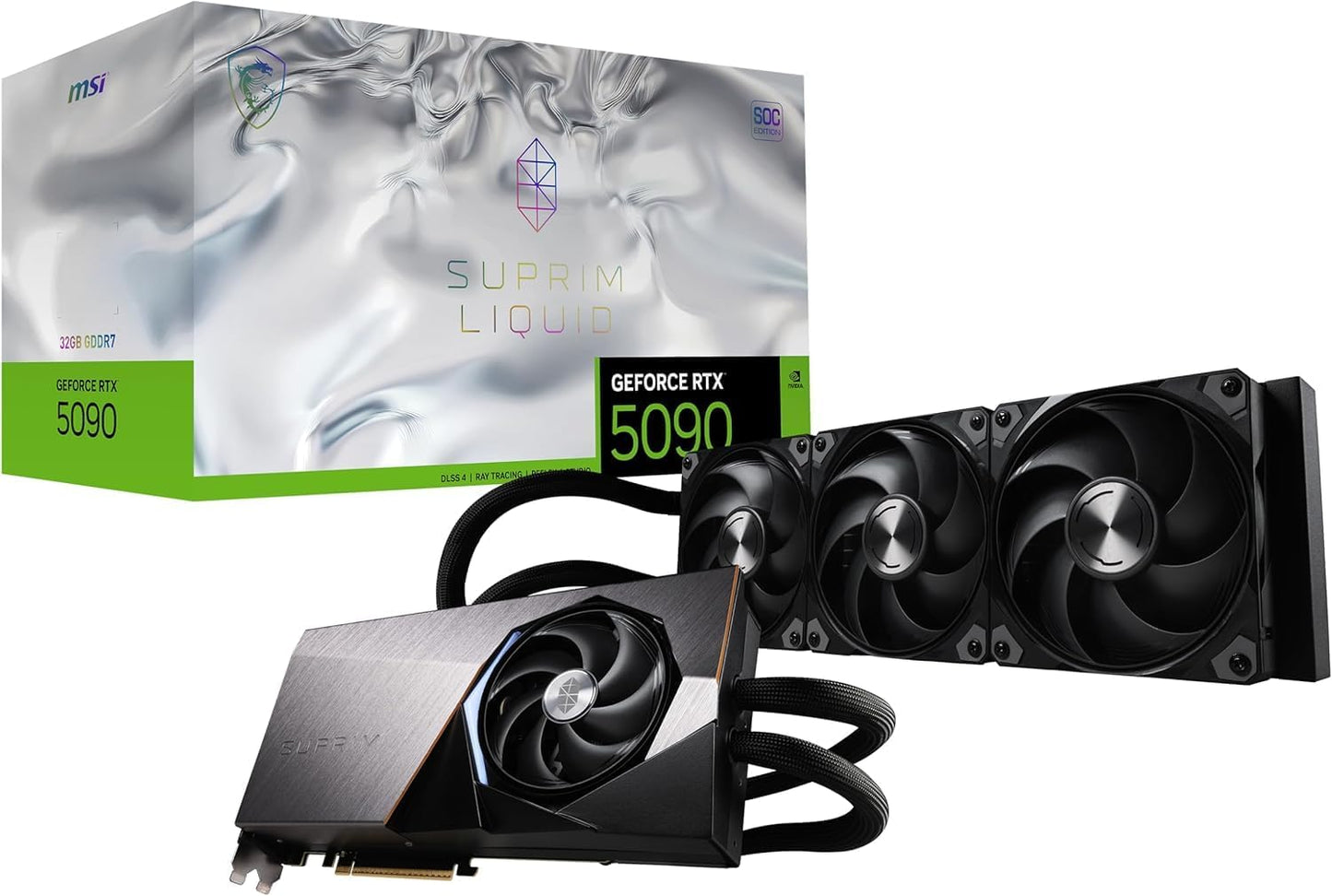 MSI GeForce RTX 5090 32G SUPRIM Liquid SOC — 32GB GDDR7 (28Gbps/512-bit), PCIe 5, Boost: 2565 MHz, Wasserkühlung, HDMI 2.1b, DisplayPort 2.1b