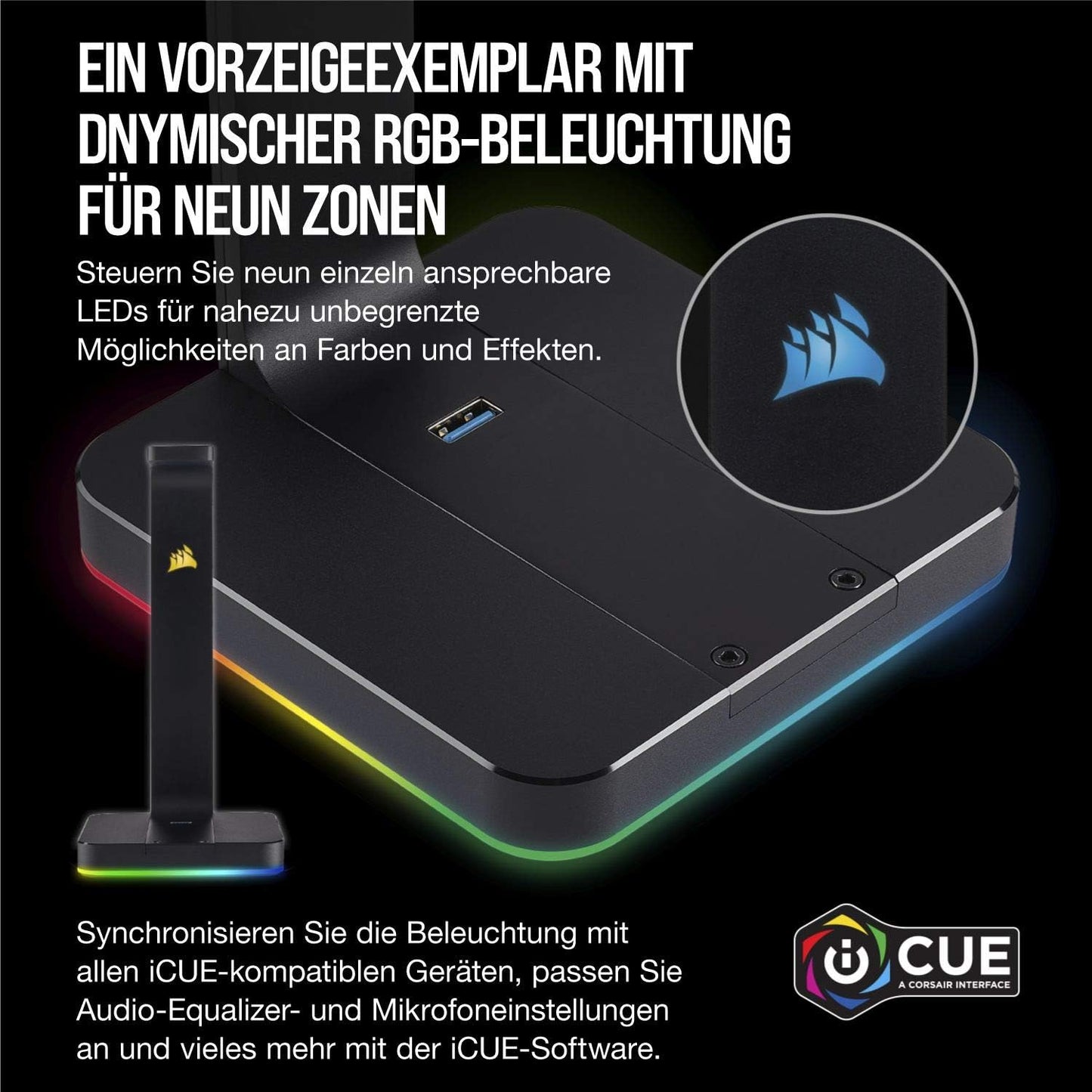 Corsair ST100 Premium Kopfhörer-Ständer (2x USB 3.1, Aluminium, 7.1 Dolby Audio Ausgang) schwarz
