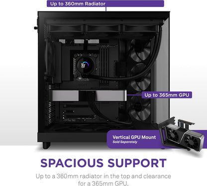 NZXT H6 Flow | CC-H61FB-01 | Kompaktes Mid-Tower Gehäuse mit Zwei Kammern | Glaspaneele mit Panoramablick | Hochleistungs-Airflow-Panels | Inklusive 3 x 120 mm-Lüfter | Kabelmanagement | Schwarz