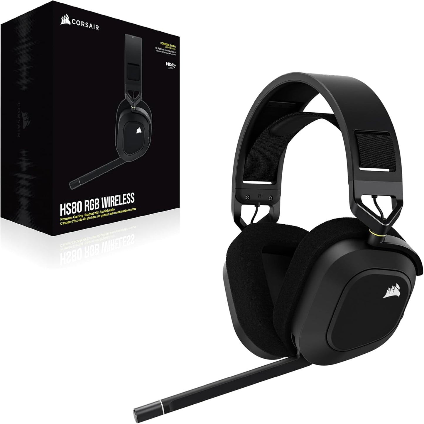 CORSAIR HS80 RGB WIRELESS Multiplattform-Gaming-Headset - Dolby Atmos - Omnidirektionales Mikrofon - iCUE-Kompatibel - PC, Mac, PS5, PS4 - Carbon