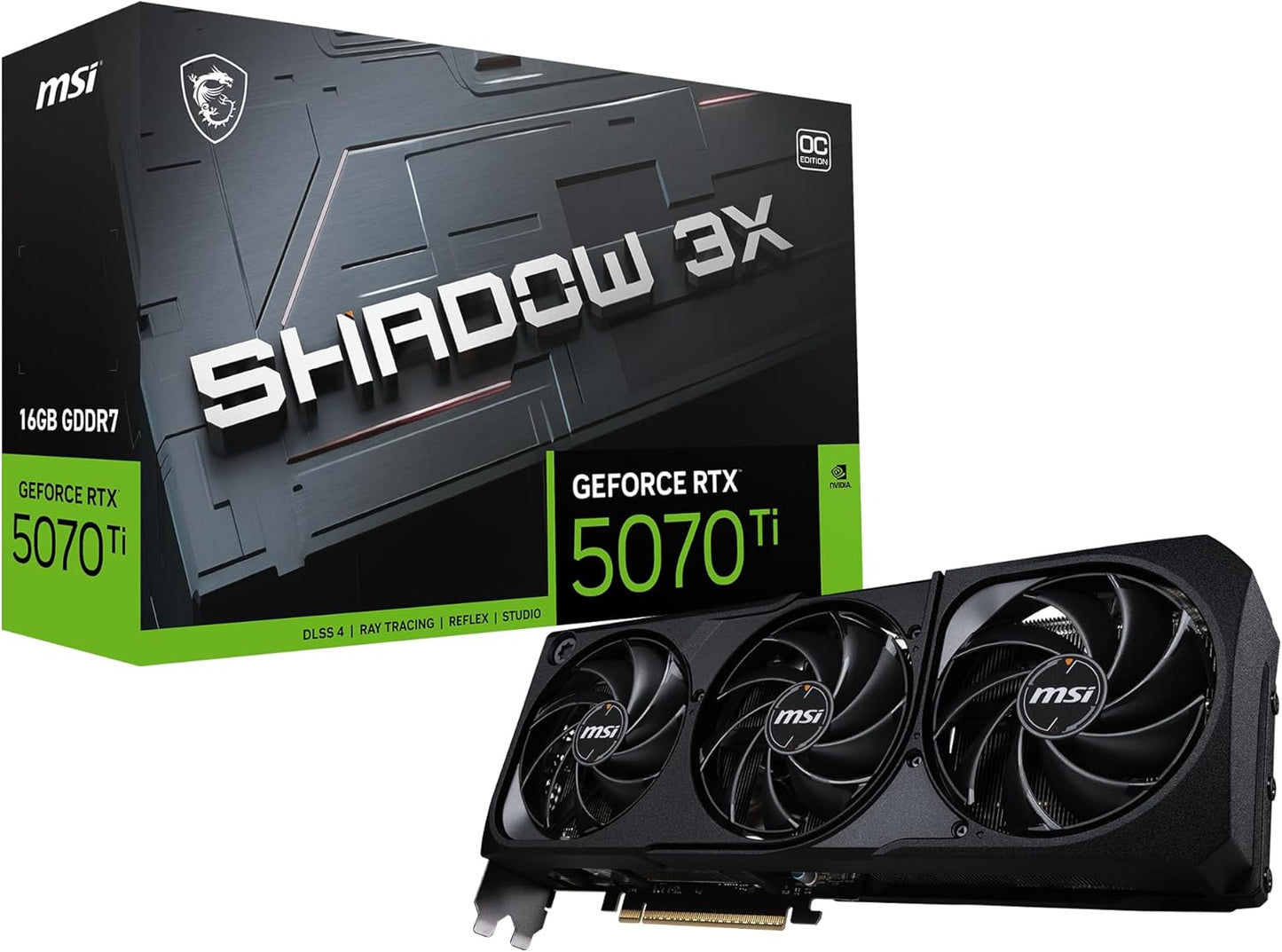 MSI GeForce RTX 5070 Ti 16G Shadow 3X OC — 16GB GDDR7 (28Gbps/256-bit), PCIe 5, Boost: 2482 MHz, HDMI 2.1b, DisplayPort 2.1b