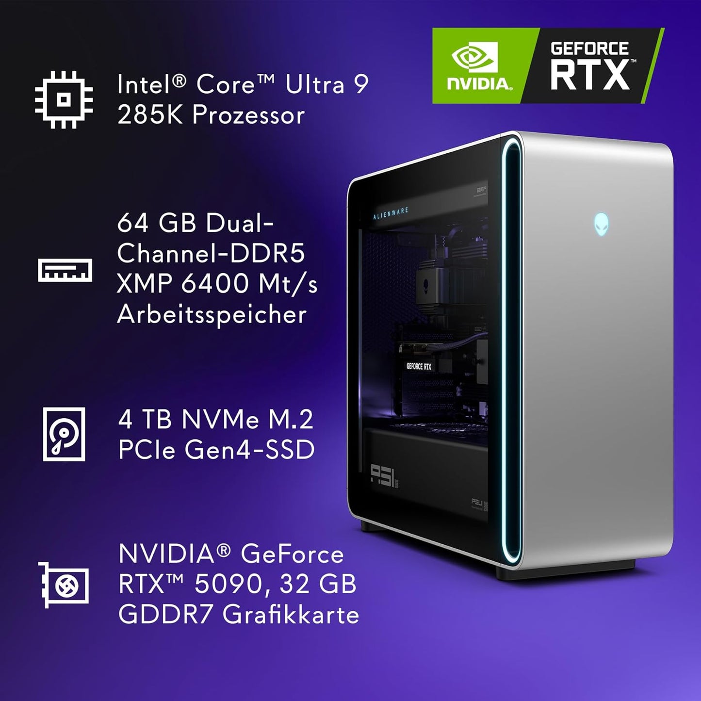Alienware Area-51 Gaming Desktop - Intel Core Ultra 9 Series 2, Nvidia GeForce RTX 5090, 64GB RAM, 4TB SSD, Liquid-Cooled CPU, Windows 11 Home, AlienFX - Lunar Silver