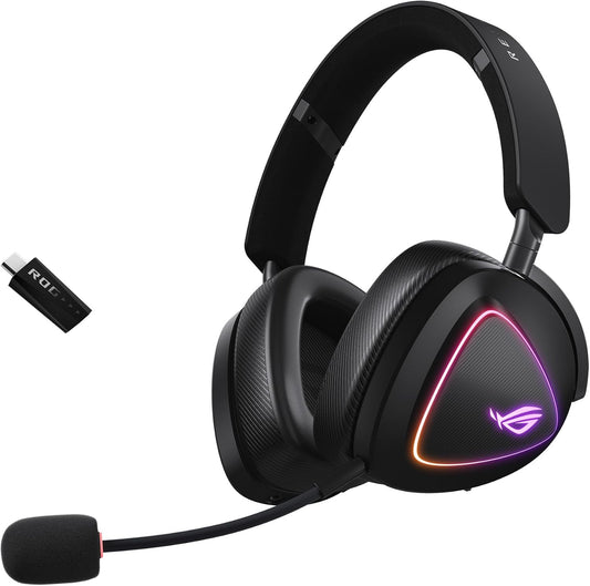 ASUS ROG Delta II kabelloses RGB Gaming Headset (ROG SpeedNova, Bluetooth 2,4 GHz, kabelgebunden 3,5-mm-Anschluss, 10 mm Super-Breitband-Boom-Mikrofon, DualFlow Audio, 110h Akkulaufzeit, Aura Sync)