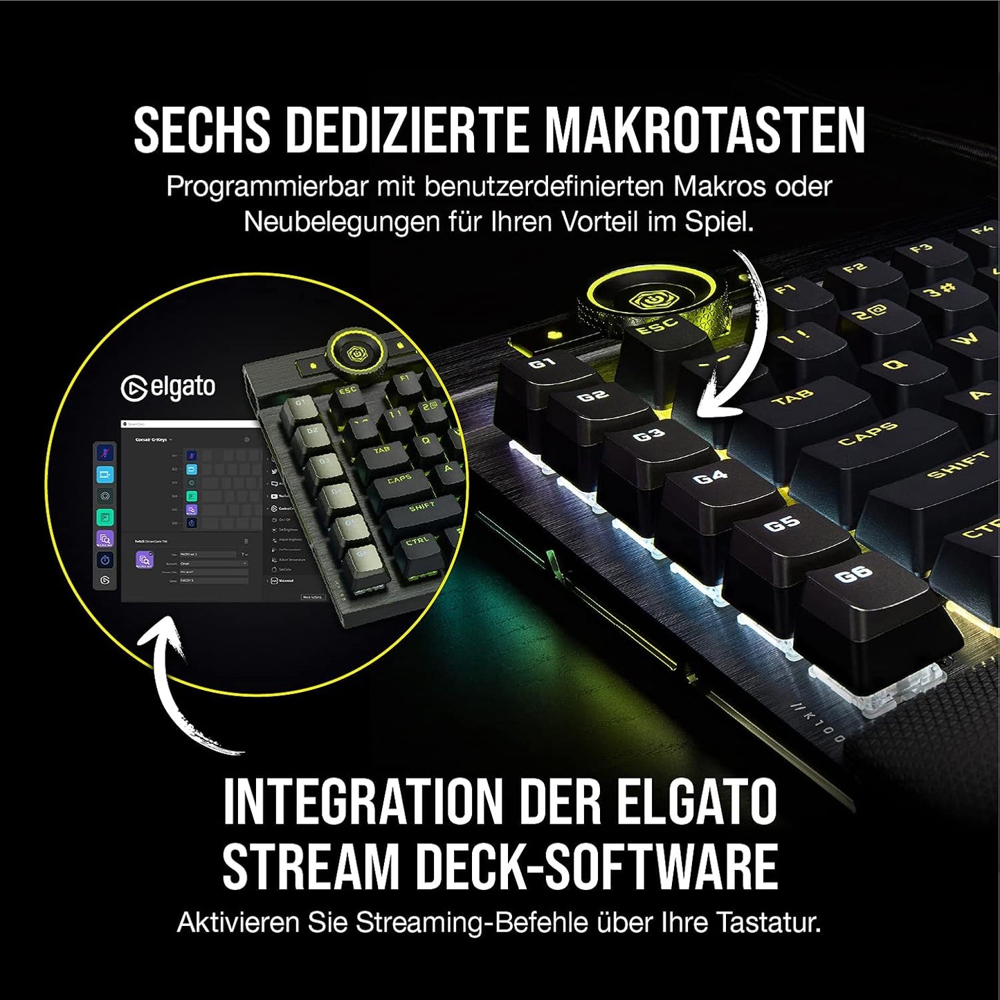 CORSAIR K100 RGB Optisch-Mechanische Kabelgebundene Gaming-Tastatur - OPX Linear-Schalter - PBT Double-Shot Tastenkappen - Elgato Stream Deck & iCUE Kompatibel - PC, Mac, Xbox - QWERTZ DE - Schwarz