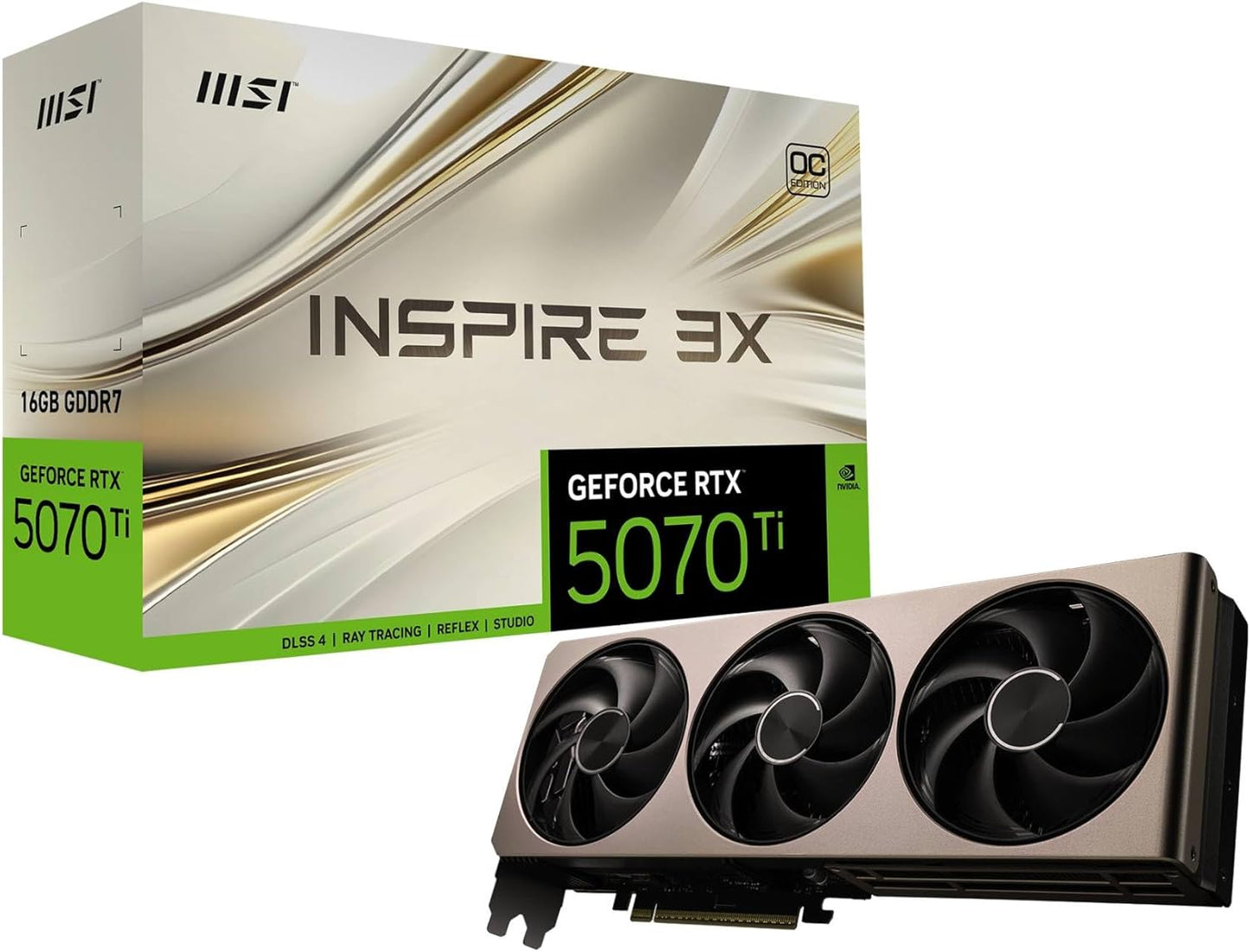 MSI GeForce RTX 5070 Ti 16G Inspire 3X OC — 16GB GDDR7 (28Gbps/256-bit), PCIe 5, Boost: 2482 MHz, HDMI 2.1b, DisplayPort 2.1b
