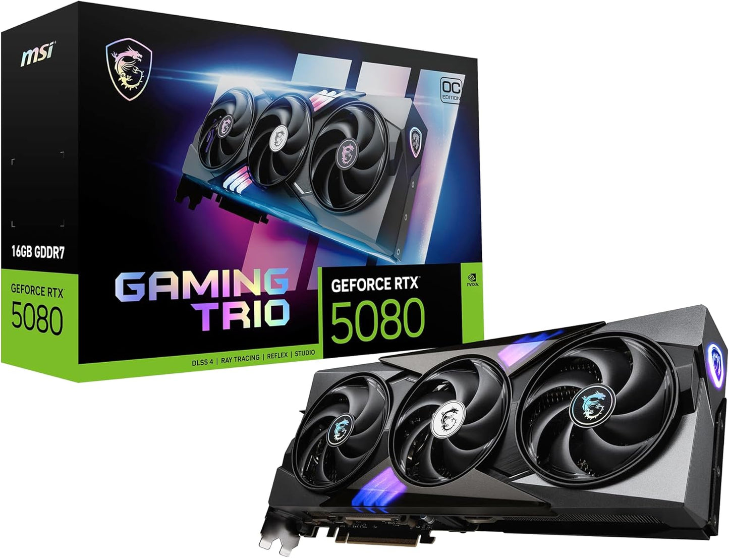 MSI GeForce RTX 5080 16G Gaming Trio OC — 16GB GDDR7 (30Gbps/256-bit), PCIe 5, Boost: 2745 MHz, HDMI 2.1b, DisplayPort 2.1b