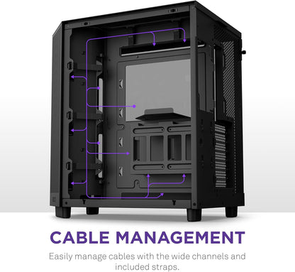 NZXT H6 Flow | CC-H61FB-01 | Kompaktes Mid-Tower Gehäuse mit Zwei Kammern | Glaspaneele mit Panoramablick | Hochleistungs-Airflow-Panels | Inklusive 3 x 120 mm-Lüfter | Kabelmanagement | Schwarz