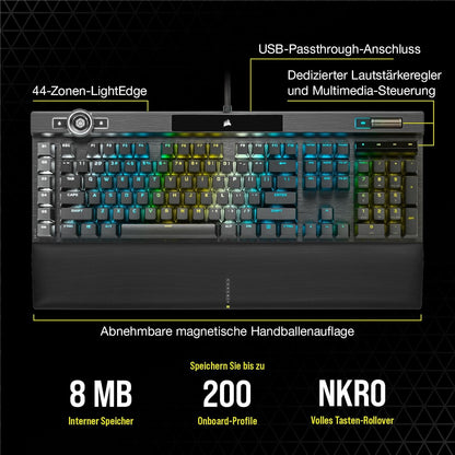 CORSAIR K100 RGB Optisch-Mechanische Kabelgebundene Gaming-Tastatur - OPX Linear-Schalter - PBT Double-Shot Tastenkappen - Elgato Stream Deck & iCUE Kompatibel - PC, Mac, Xbox - QWERTZ DE - Schwarz