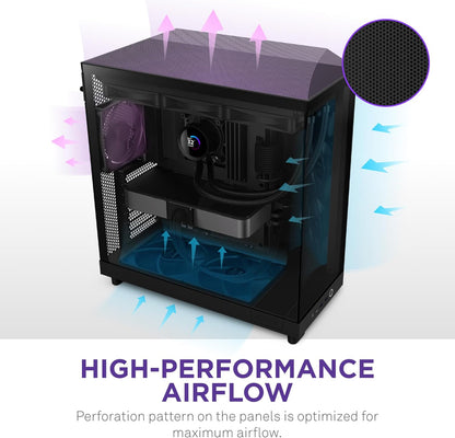 NZXT H6 Flow | CC-H61FB-01 | Kompaktes Mid-Tower Gehäuse mit Zwei Kammern | Glaspaneele mit Panoramablick | Hochleistungs-Airflow-Panels | Inklusive 3 x 120 mm-Lüfter | Kabelmanagement | Schwarz