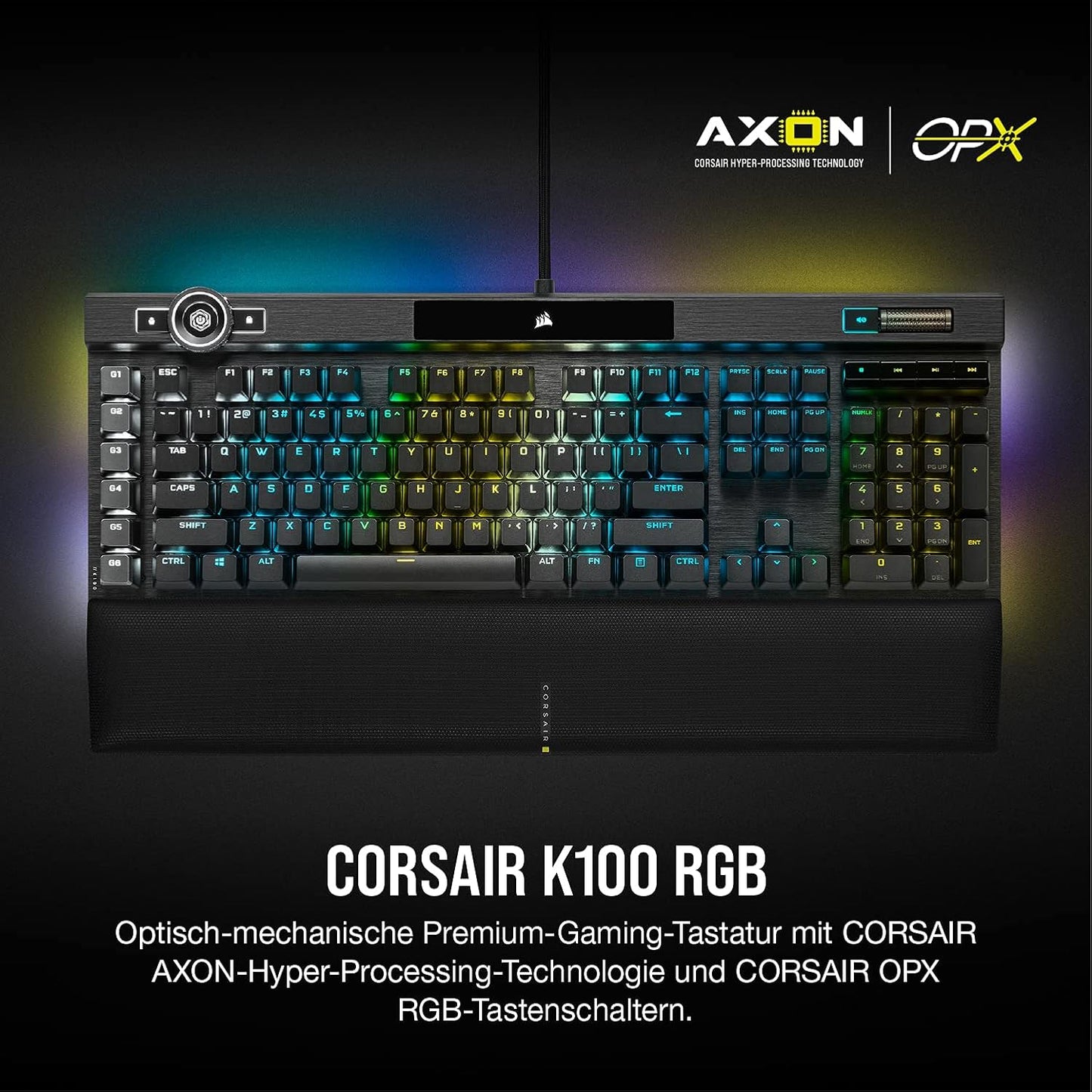 CORSAIR K100 RGB Optisch-Mechanische Kabelgebundene Gaming-Tastatur - OPX Linear-Schalter - PBT Double-Shot Tastenkappen - Elgato Stream Deck & iCUE Kompatibel - PC, Mac, Xbox - QWERTZ DE - Schwarz