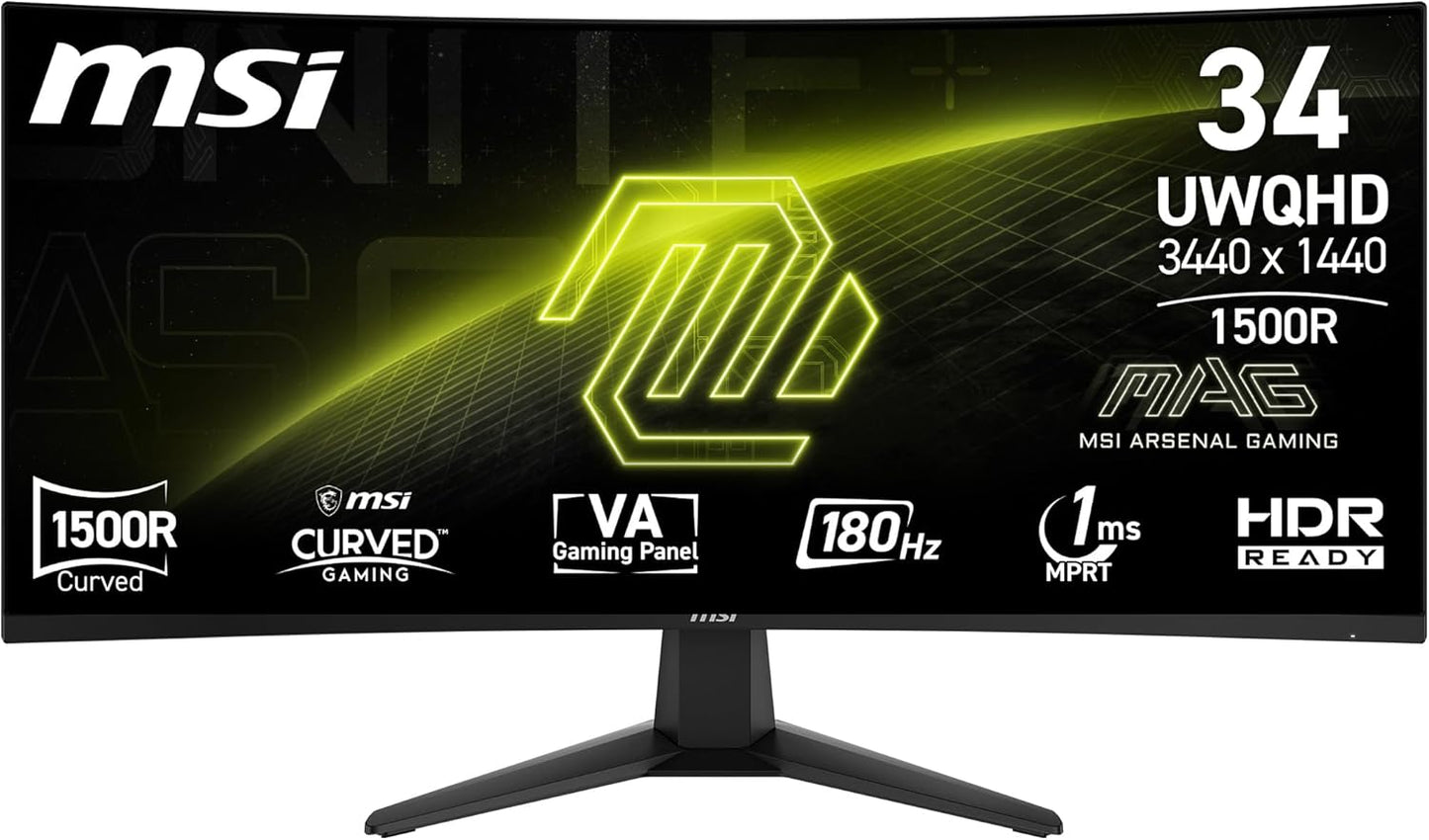 MSI MAG 346CQ 34-Zoll UWQHD Curved Gaming Monitor, 3440 x 1440, 1500R, VA, 180Hz, 1ms, HDR Ready, Eye Care, HDMI 2.0b, DP 1.4a, Frame-Less Design, Neigbar, Vesa kombatibel, Schwarz