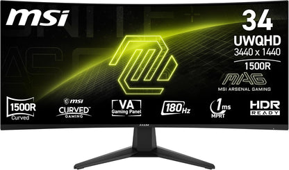 MSI MAG 346CQ 34-Zoll UWQHD Curved Gaming Monitor, 3440 x 1440, 1500R, VA, 180Hz, 1ms, HDR Ready, Eye Care, HDMI 2.0b, DP 1.4a, Frame-Less Design, Neigbar, Vesa kombatibel, Schwarz