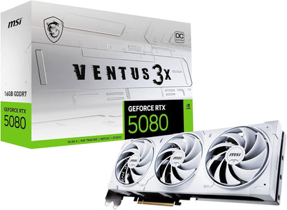 MSI GeForce RTX 5080 16G Ventus 3X OC White — 16GB GDDR7 (30Gbps/256-bit), PCIe 5, Boost: 2640 MHz, HDMI 2.1b, DisplayPort 2.1b
