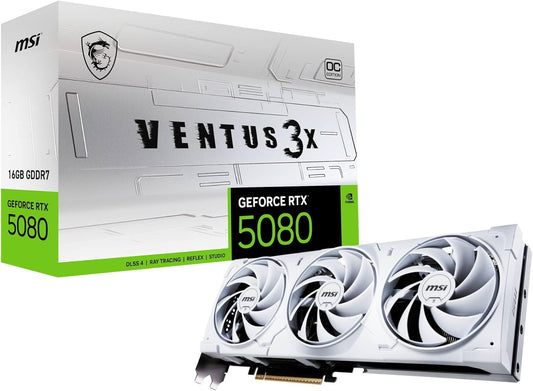 MSI GeForce RTX 5080 16G Ventus 3X OC White — 16GB GDDR7 (30Gbps/256-bit), PCIe 5, Boost: 2640 MHz, HDMI 2.1b, DisplayPort 2.1b