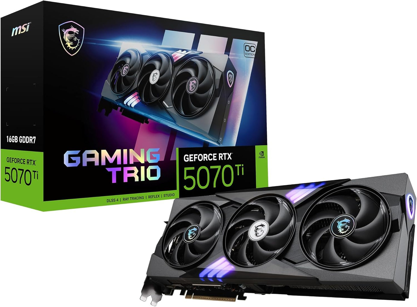 MSI GeForce RTX 5070 Ti 16G Gaming Trio OC — 16GB GDDR7 (28Gbps/256-bit), PCIe 5, Boost: 2572 MHz, HDMI 2.1b, DisplayPort 2.1b