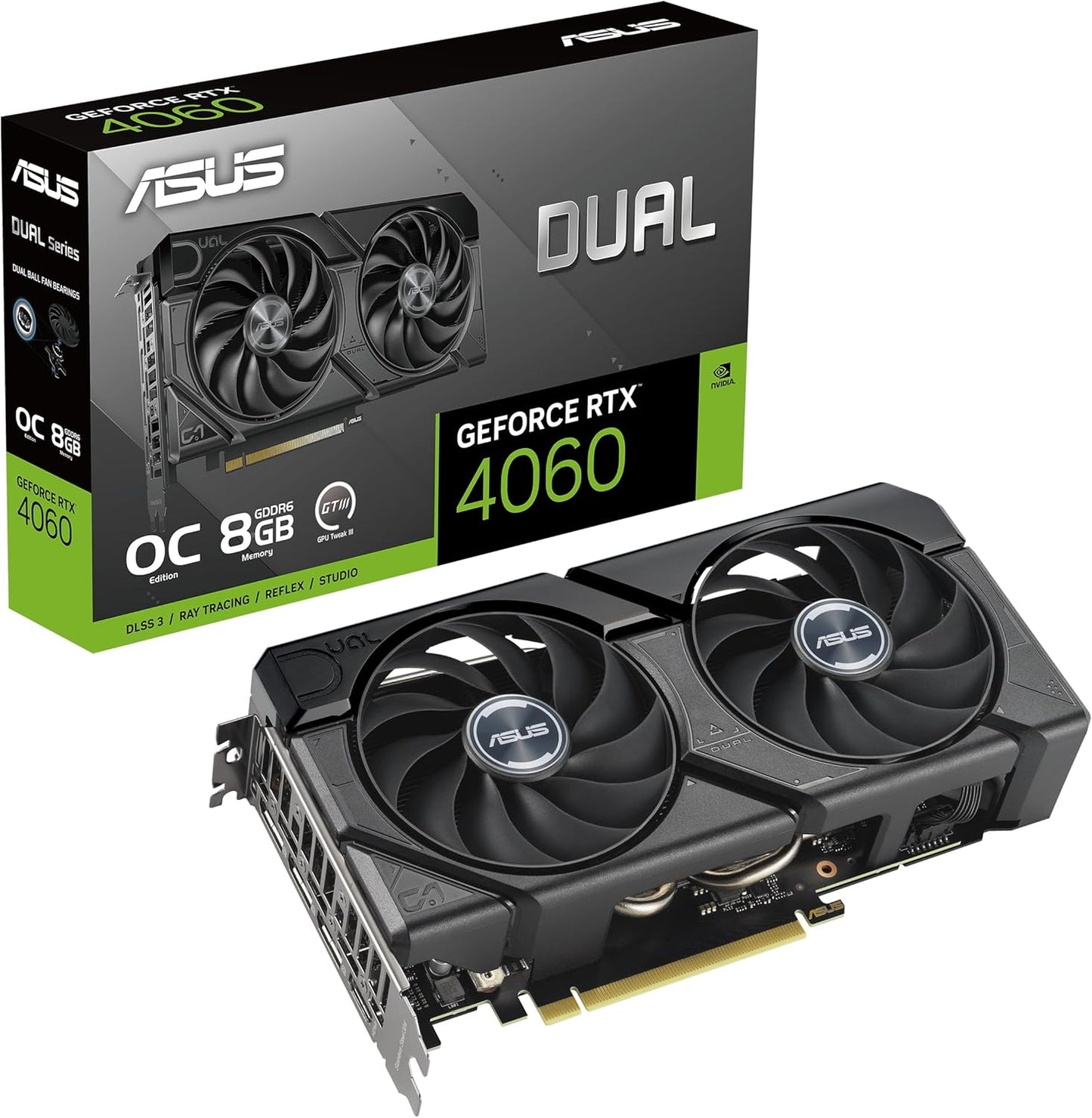 ASUS Dual GeForce RTX 4060 EVO OC Edition 8GB GDDR6 (PCIe 4.0, 8GB GDDR6, DLSS 3, HDMI 2.1a, DisplayPort 1.4a, Axial-Tech-Lüfterdesign, 0dB, Dual BIOS, Auto-Extreme-Technologie)