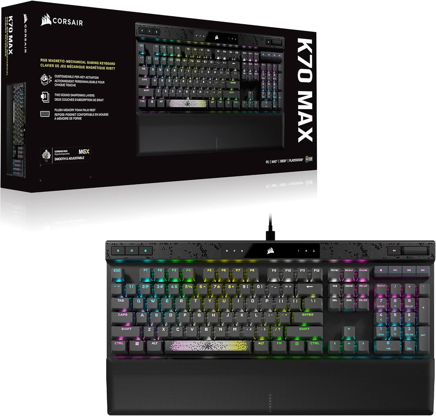 CORSAIR K70 MAX RGB Magnetisch-Mechanische Kabelgebundene Gaming-Tastatur - MGX Einstellbare Schalter, SOCD und Rapid Trigger, PBT Double-Shot-Tastenkappen, Schalldämpfung, 8000Hz, QWERTZ DE - Grau