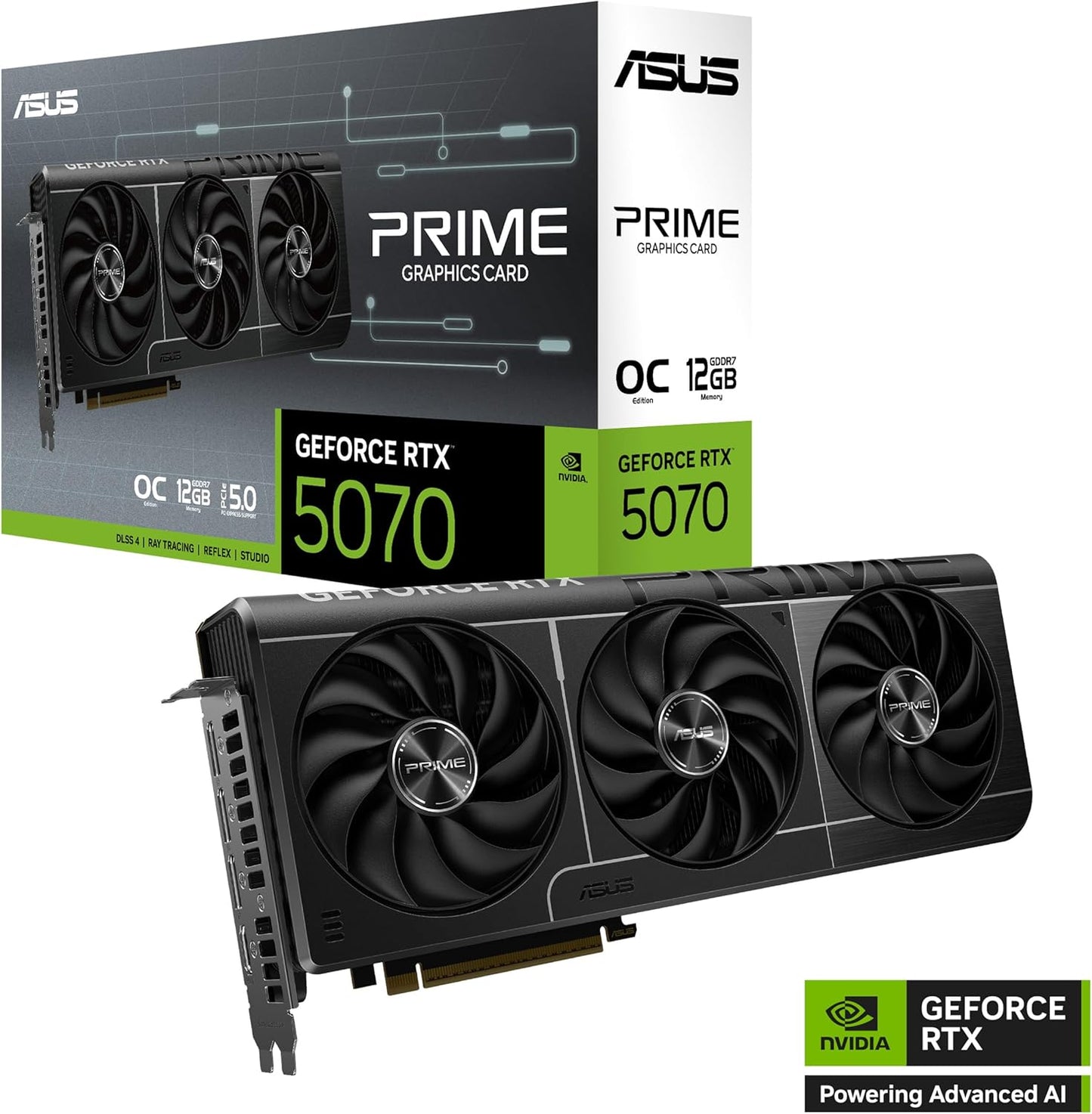 ASUS Prime GeForce RTX 5070 12GB GDDR7 OC Edition Gaming Grafikkarte (NVIDIA Blackwell Architektur und DLSS 4, 2,5-Slot Design, SSF, PCIe 5.0, 3X DisplayPort 2.1b, 1x HDMI 2.1b, PRIME-RTX5070-O12G)