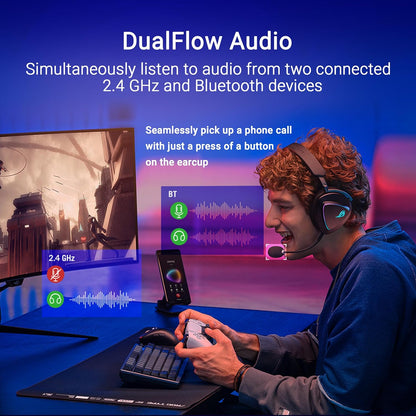 ASUS ROG Delta II kabelloses RGB Gaming Headset (ROG SpeedNova, Bluetooth 2,4 GHz, kabelgebunden 3,5-mm-Anschluss, 10 mm Super-Breitband-Boom-Mikrofon, DualFlow Audio, 110h Akkulaufzeit, Aura Sync)