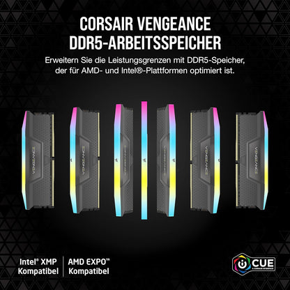 CORSAIR Vengeance RGB DDR5 RAM 64GB (2x32GB) 6000MHz CL30-36-36-76 1.40V AMD Expo Intel XMP 3.0 Desktop-Arbeitsspeicher – Grau (CMH64GX5M2B6000Z30)
