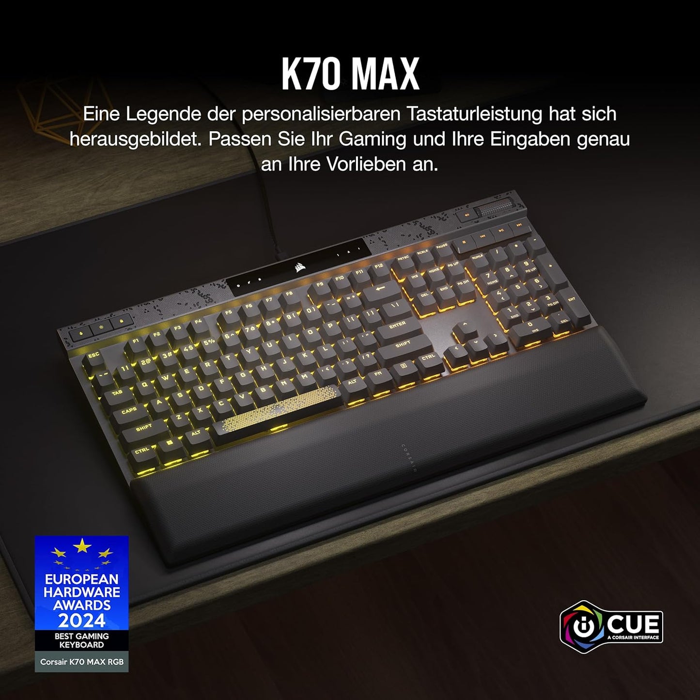 CORSAIR K70 MAX RGB Magnetisch-Mechanische Kabelgebundene Gaming-Tastatur - MGX Einstellbare Schalter, SOCD und Rapid Trigger, PBT Double-Shot-Tastenkappen, Schalldämpfung, 8000Hz, QWERTZ DE - Grau