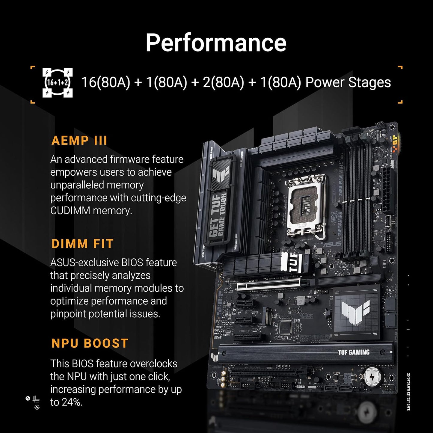 ASUS TUF Gaming Z890-PLUS WiFi Mainboard Sockel Intel LGA 1851 (ATX, PCIe 5.0, DDR5, DisplayPort, HDMI, Thunderbolt 4, 4X M.2, WiFi 7, Q-Release, Aura Sync)