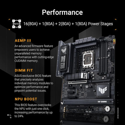 ASUS TUF Gaming Z890-PLUS WiFi Mainboard Sockel Intel LGA 1851 (ATX, PCIe 5.0, DDR5, DisplayPort, HDMI, Thunderbolt 4, 4X M.2, WiFi 7, Q-Release, Aura Sync)