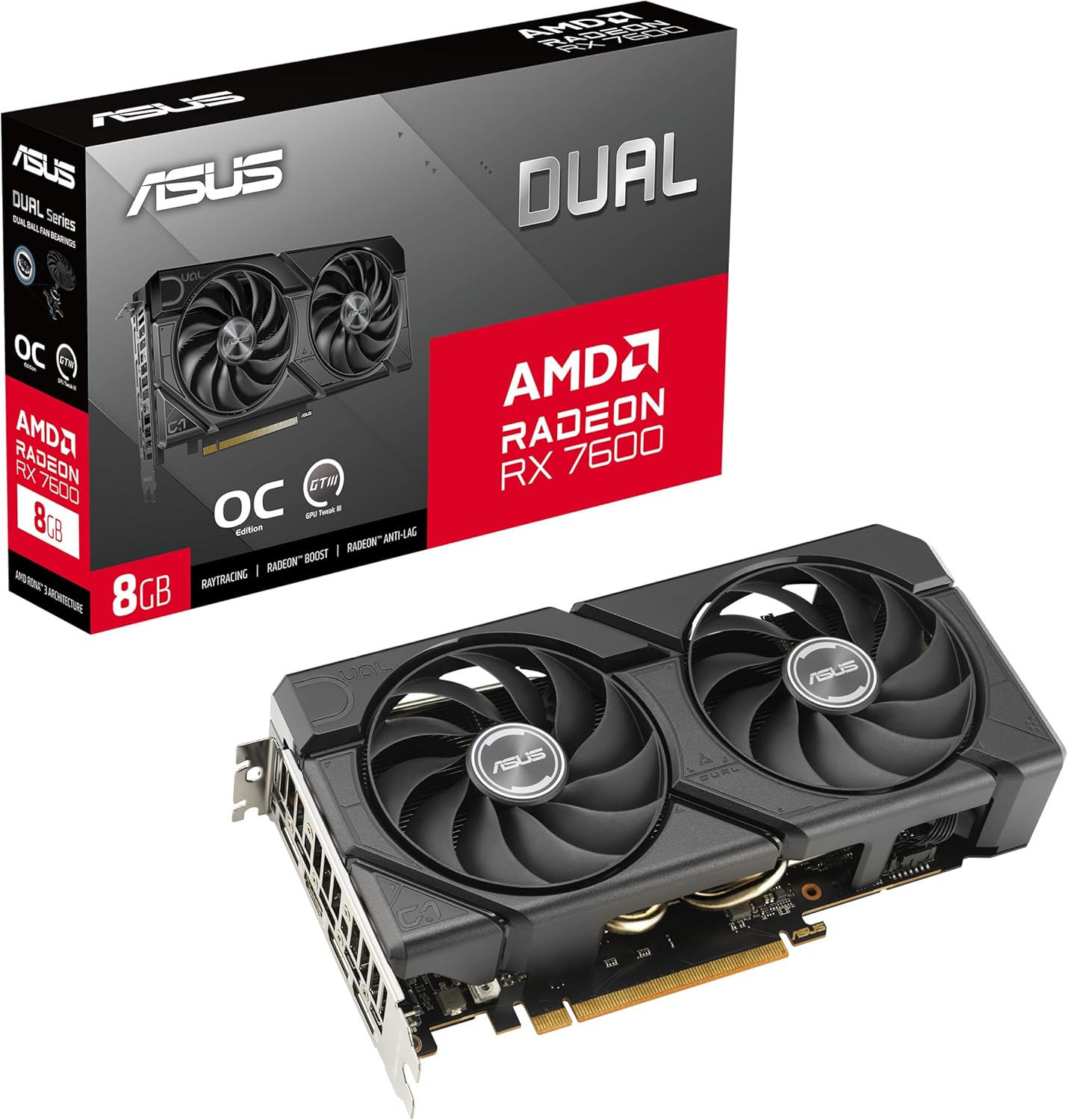 ASUS Dual Radeon RX 7600 EVO OC Edition 8GB GDDR6 Gaming Grafikkarte (AMD Radeon RX7600, PCIe 4.0, 1x HDMI 2.1, 3X DisplayPort 1.4a, DUAL-RX7600-O8G-EVO)