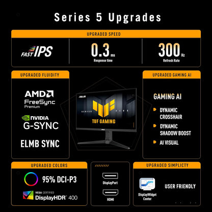 ASUS TUF Gaming VG27AQML5A QHD Monitor (27 Zoll, 2560 x 1440, 300Hz, Fast IPS, ELMB Sync, AMD FreeSync Premium, VESA DisplayHDR 400, 0,3ms Reaktionszeit, Lautsrecher, 2X HDMI, DisplayPort, Gaming AI)
