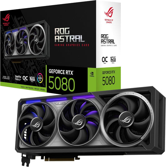 ASUS ROG Astral GeForce RTX 5080 16GB GDDR7 OC Edition Gaming Grafikkarte (Nvidia GeForce RTX5080, Vier Lüfter, PCIe 5.0, 2X HDMI 2.1b, 3X DisplayPort 2.1a, ROG-ASTRAL-RTX5080-O16G-GAMING)