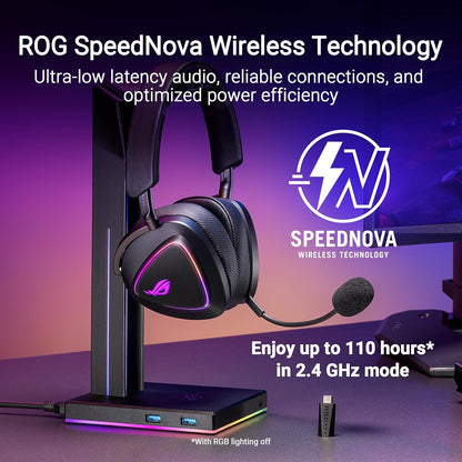 ASUS ROG Delta II kabelloses RGB Gaming Headset (ROG SpeedNova, Bluetooth 2,4 GHz, kabelgebunden 3,5-mm-Anschluss, 10 mm Super-Breitband-Boom-Mikrofon, DualFlow Audio, 110h Akkulaufzeit, Aura Sync)