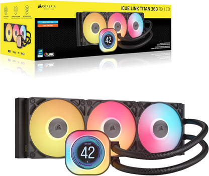 CORSAIR iCUE LINK Titan 360 RX LCD CPU-Flüssigkeitskühler – 360mm AIO – FlowDrive-Kühl-Engine – Intel LGA 1851/1700, AMD AM5/AM4 – 3X RX120 RGB-Lüfter – iCUE LINK-System-Hub Inbegriffen – Schwarz