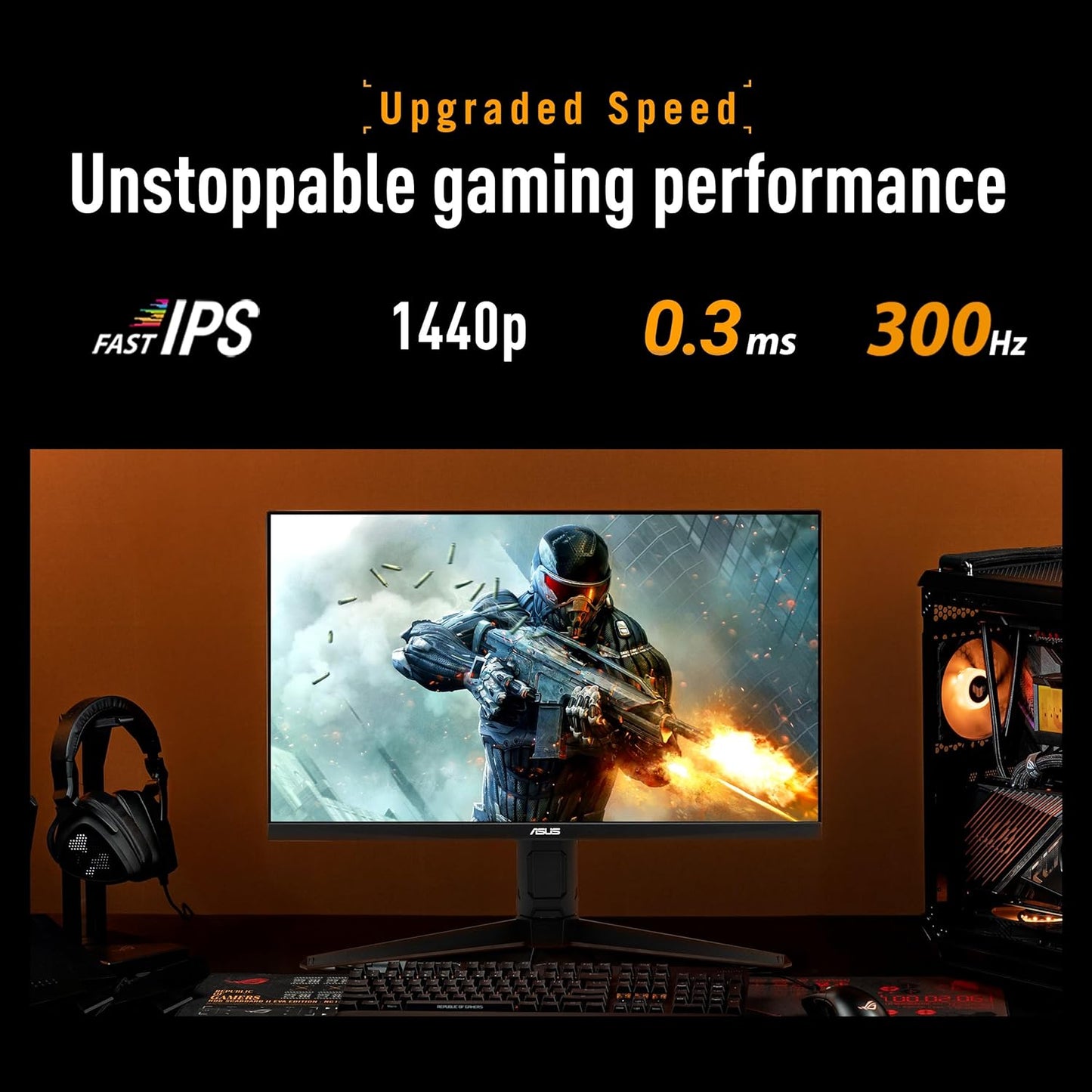 ASUS TUF Gaming VG27AQML5A QHD Monitor (27 Zoll, 2560 x 1440, 300Hz, Fast IPS, ELMB Sync, AMD FreeSync Premium, VESA DisplayHDR 400, 0,3ms Reaktionszeit, Lautsrecher, 2X HDMI, DisplayPort, Gaming AI)