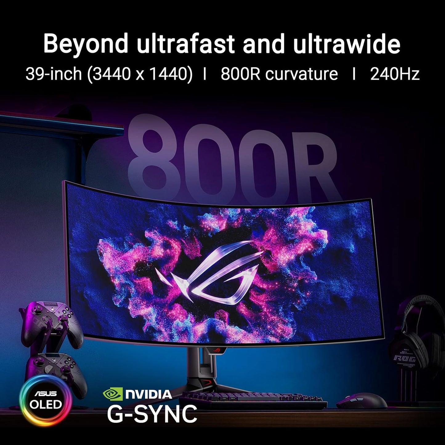 ASUS ROG Swift OLED PG39WCDM - 39 Zoll UWQHD Curved Gaming Monitor - 240 Hz, 0.03ms GtG, G-Sync, FreeSync, AdaptiveSync, 10-bit, DisplayHDR 400 - KVM, 21:9, 3440x1440, DP 1.4, HDMI 2.1, 90W USB-C, USB