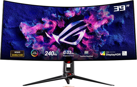 ASUS ROG Swift OLED PG39WCDM - 39 Zoll UWQHD Curved Gaming Monitor - 240 Hz, 0.03ms GtG, G-Sync, FreeSync, AdaptiveSync, 10-bit, DisplayHDR 400 - KVM, 21:9, 3440x1440, DP 1.4, HDMI 2.1, 90W USB-C, USB